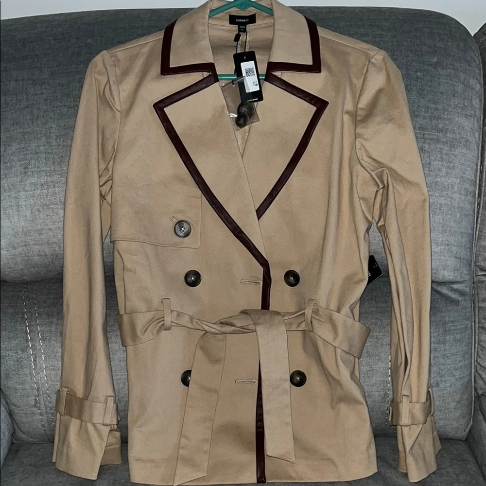 Express Tan Double-Breasted Jacket with Brown Vegan Leather Trim - Picture 1 of 4